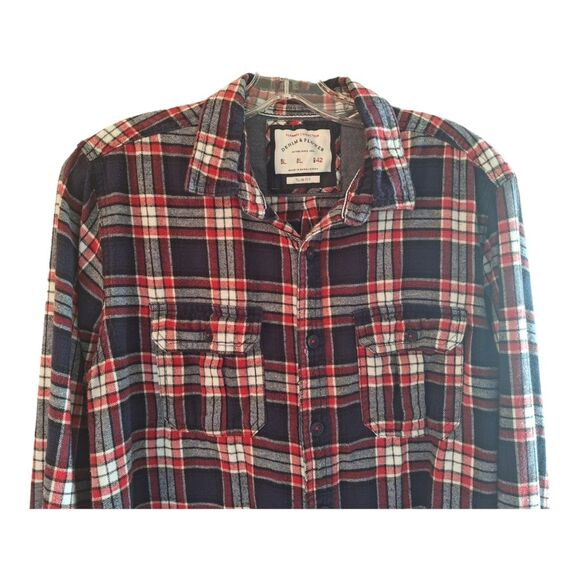 Denim & Flower Flannel Collection Button Up Pockets Red White Blue Plaid L Slim - Picture 2 of 12